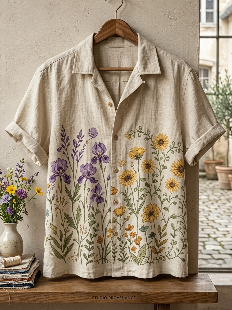 Women's Purple And Yellow Wildflowers Print Short Sleeve Shirt