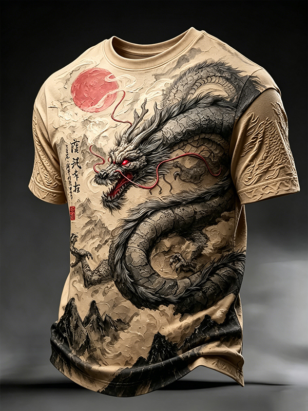 Men's Japanese Ink Wash Dragon Print T-Shirt