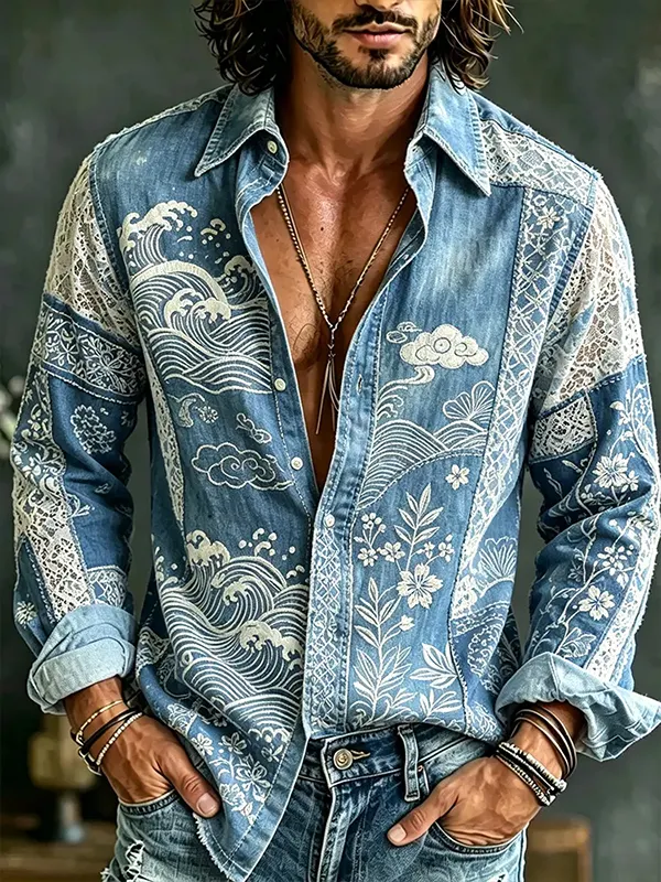 Men's Japanese Art Waves And Flowers Print Long Sleeve Shirt