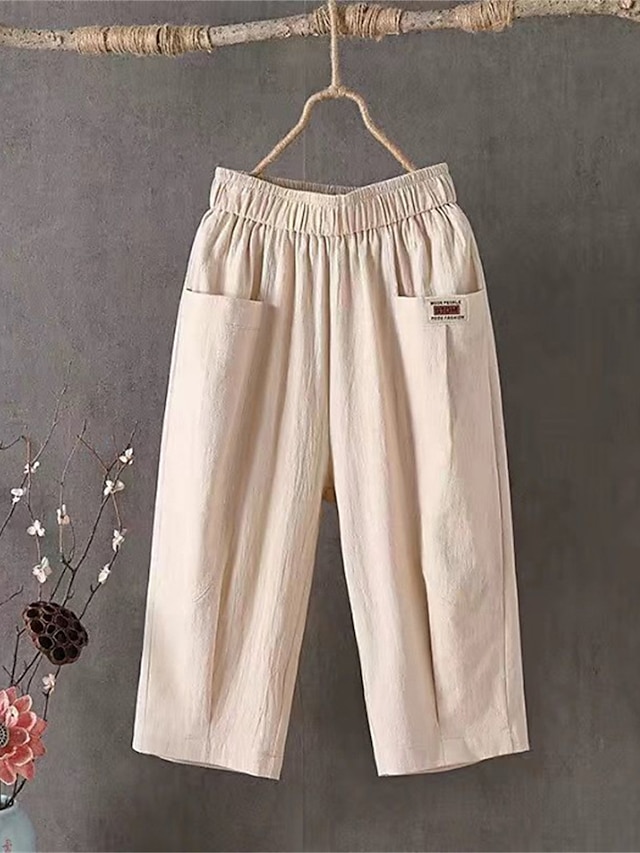 Women's Shorts Slacks Cotton Pocket High Waist Calf-Length Black Summer