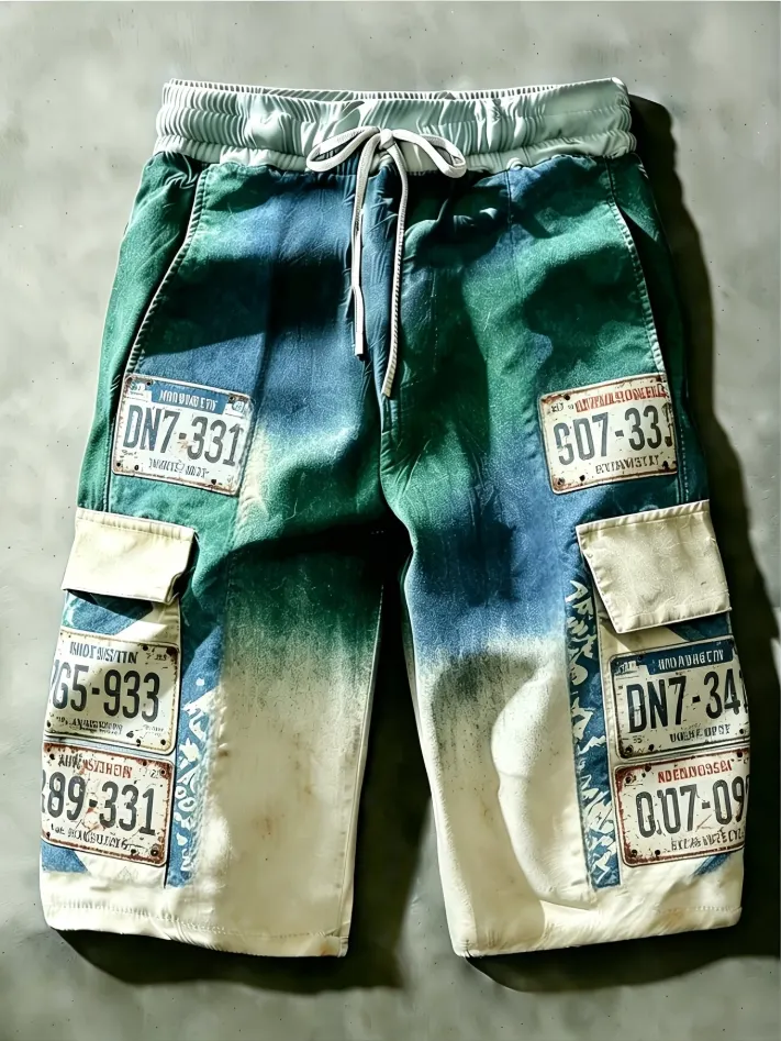 Men's Vintage Car Tag Gradient Print Drawstring Cargo Shorts