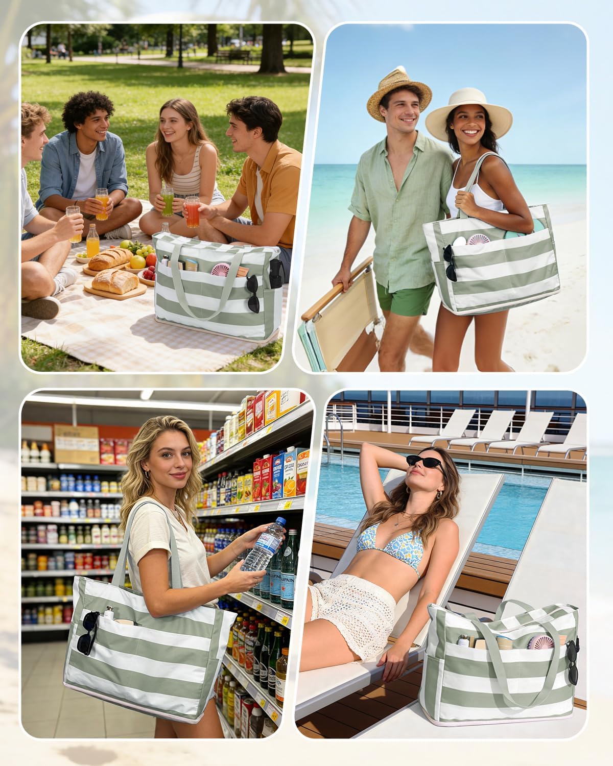 Large Mesh Beach Bag with 40oz Tumbler Pocket and Zipper Closure