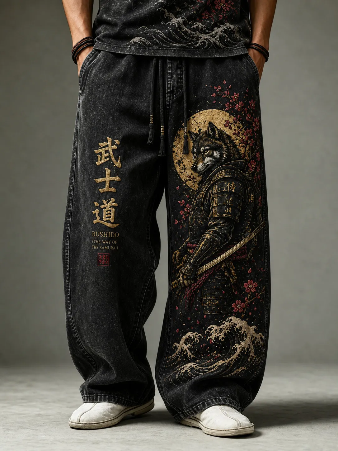 Men's Bushido Samurai Cat Cherry Blossom Wave Golden Art Print Casual Pants