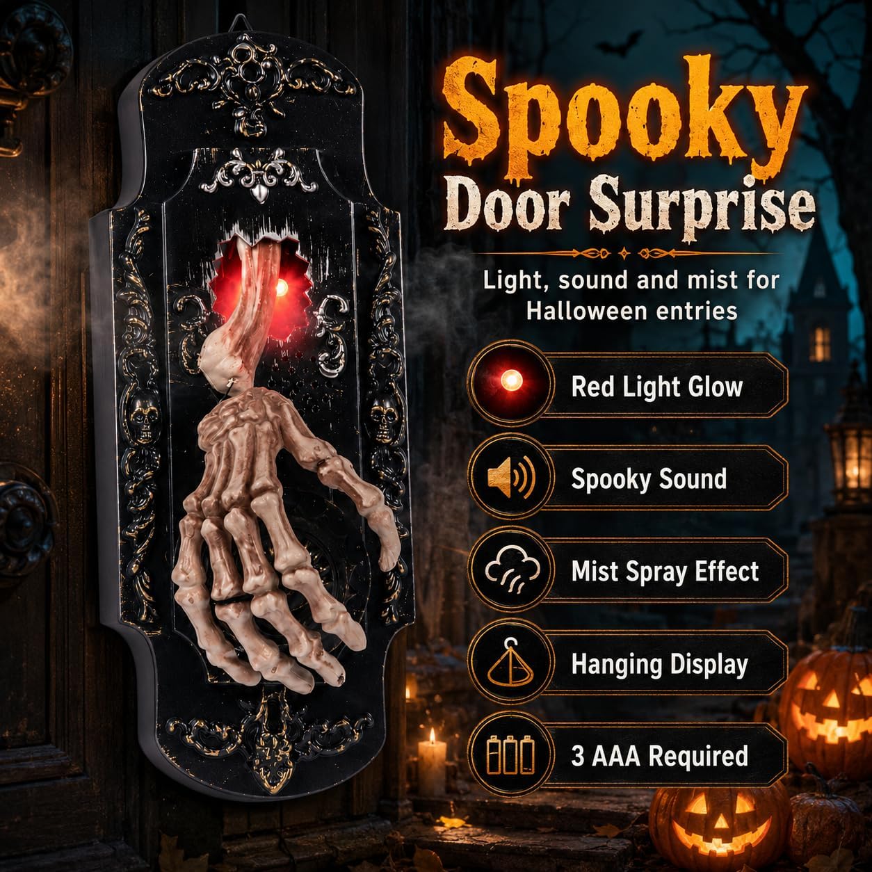 👻Halloween Skeleton Hand Spray Doorbell – The Ultimate Haunted Porch Decoration with Spooky Mist & Red Light Effects