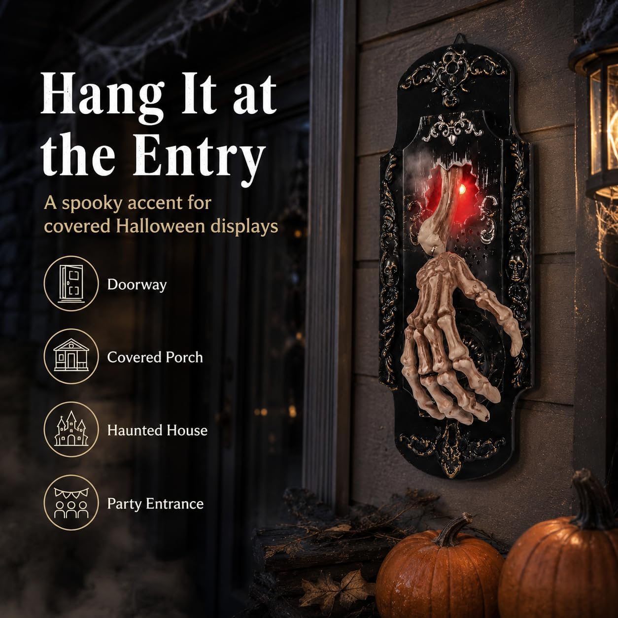 👻Halloween Skeleton Hand Spray Doorbell – The Ultimate Haunted Porch Decoration with Spooky Mist & Red Light Effects