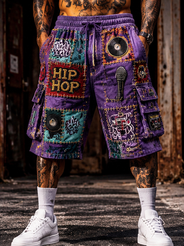 Men's Retro Vinyl Record Hip-Hop Print Drawstring Cargo Shorts