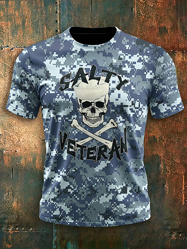 Men's Salty Veteran Camo Skull Art Print T-Shirt