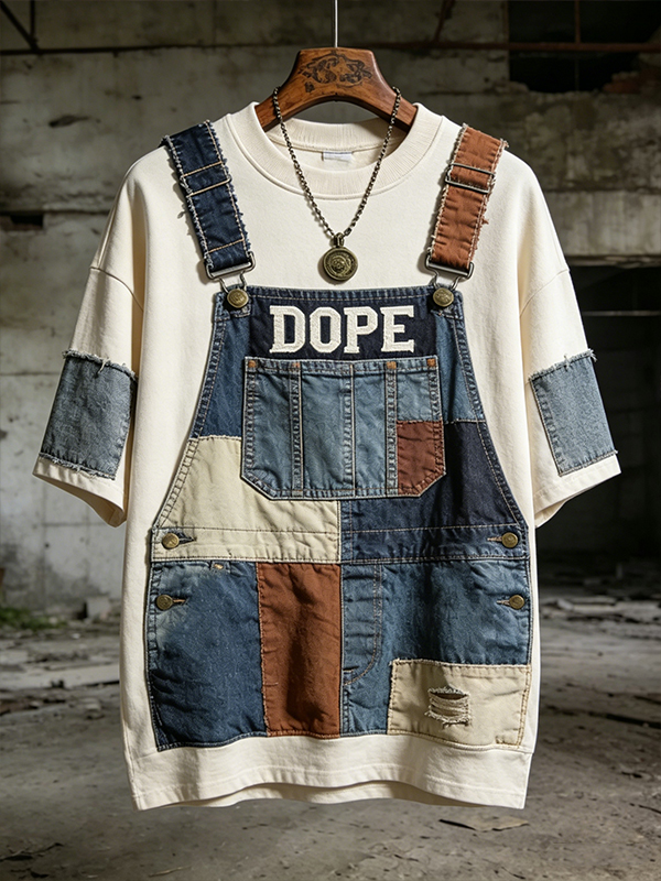 Men's Vintage DOPE Letter Patchwork Denim Overalls Art Print Drop Shoulder Casual T-Shirt