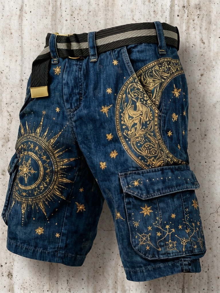Men's Sun And Star Astrology Art Print Denim-Like Casual Shorts