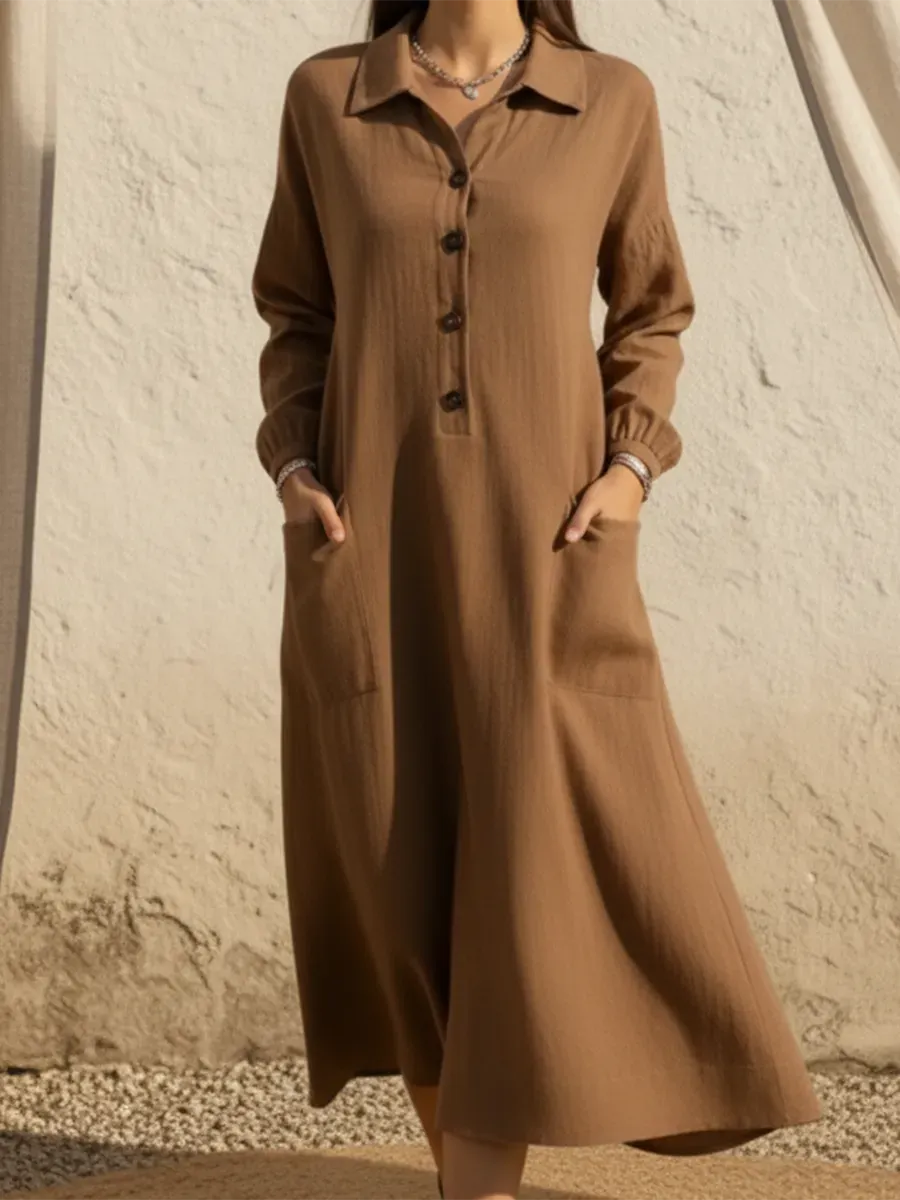 Women's Casual A-line Button Linen Shirt Dress