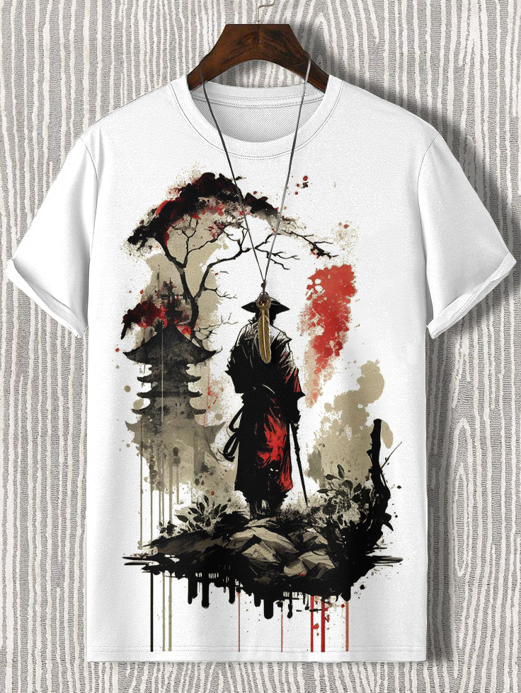 Men's Samurai Tower Tree Japanese Art Print Cotton Casual T-Shirt