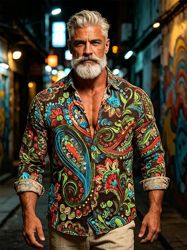 Men's Vintage Paisley Floral Print Long Sleeve Shirt