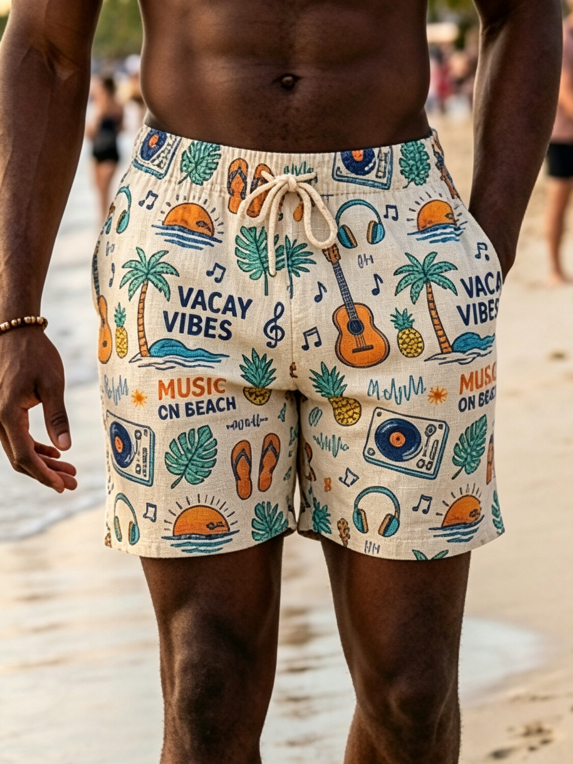 Men's Vacay Vibes Guitar Art Hawaiian Beach Style Print Casual Shorts