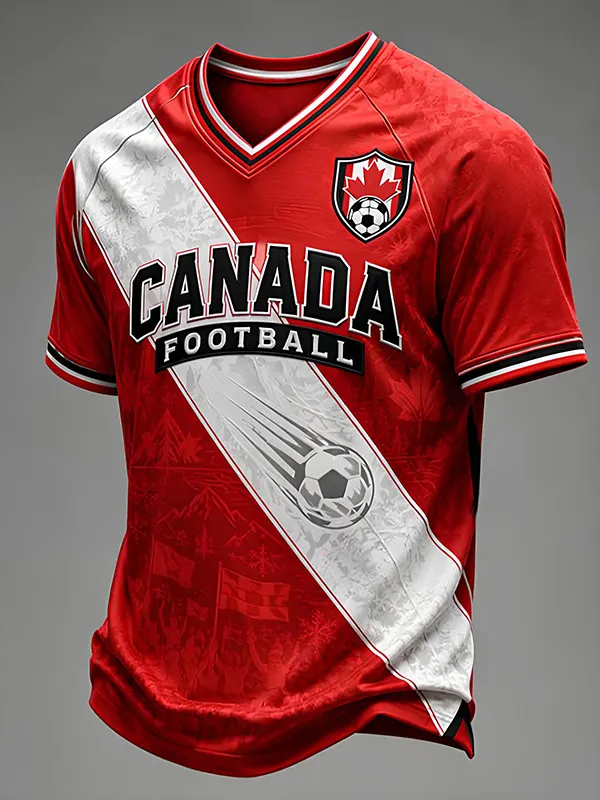 Men's Canada Football Flag Stripe Soccer Ball Art Print V Neck T-Shirt