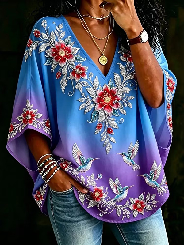 Women's Flowers Birds Gradient Print Casual V Neck T-Shirt