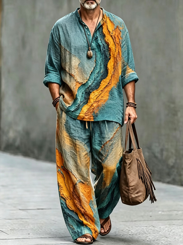 Men's Abstract Wave Print Half Button Long Sleeve Shirt Pants 2pcs Set