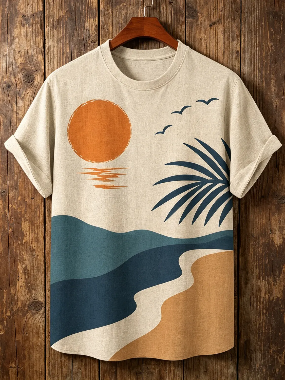 Men's Abstract Sunset Beach Palm Leaf Seagull Mountain Color Block Art Print T-Shirt
