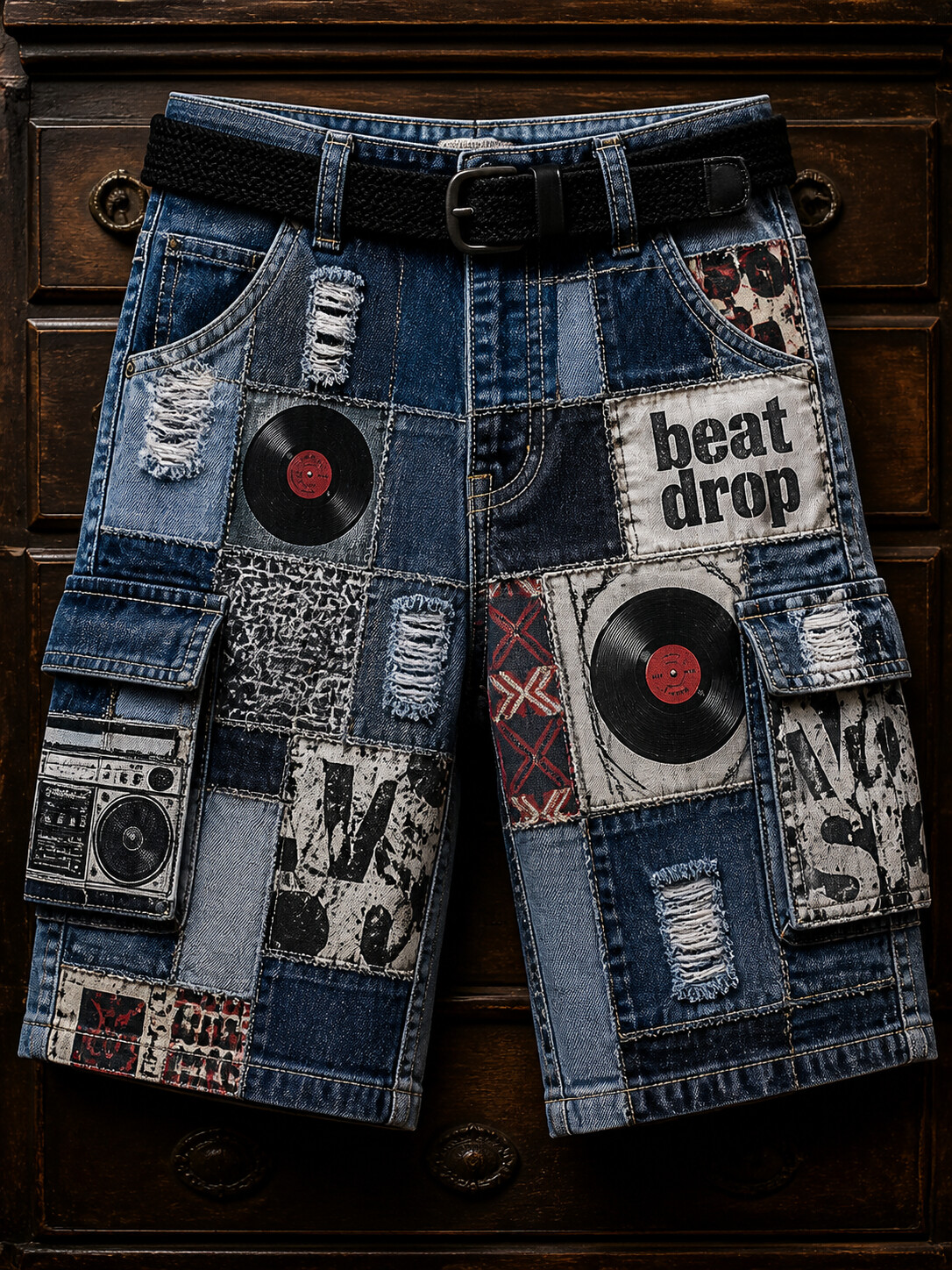 Men's Vinyl Record Patchwork Art Print Casual Shorts