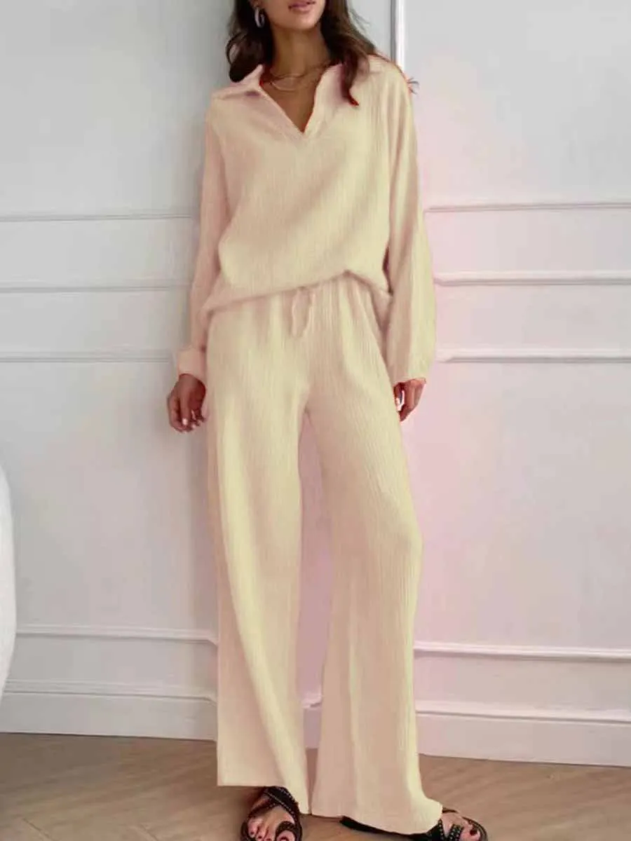 Women's Lapel Long Sleeve Drawstring Pants Casual Cotton Suit