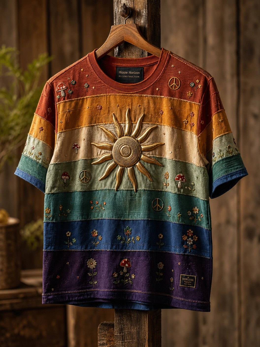 Men's Hippie Boho Rainbow Sun And Mushroom Print T-Shirt