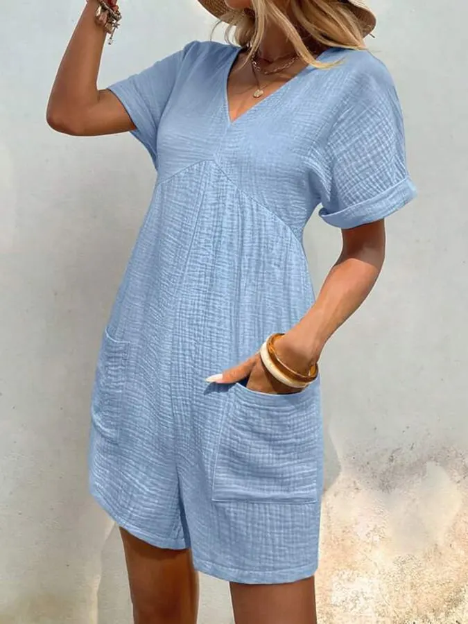 Women's Fashion Solid Color V Neck Loose Bat Sleeve Pocket Zipper Short Sleeve Jumpsuit