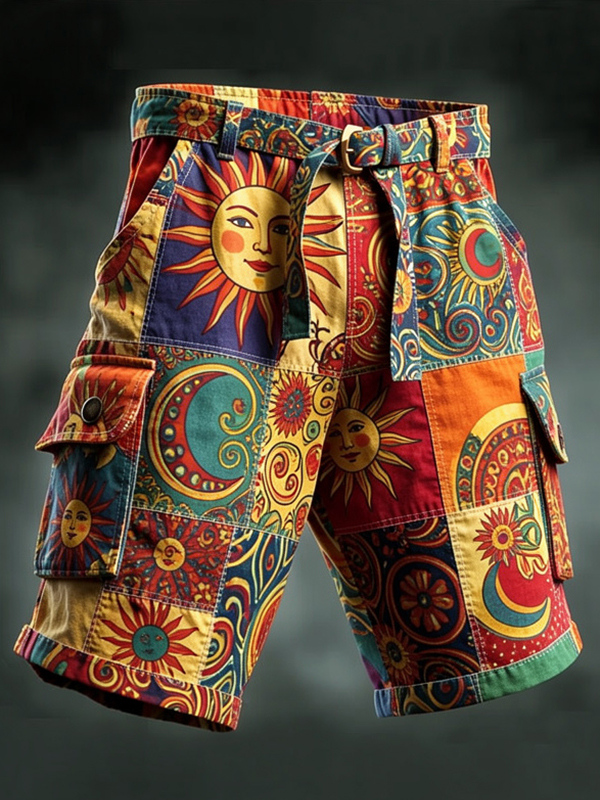 Men's Sun And Moon Hippie Art Print Denim-Like Casual Shorts