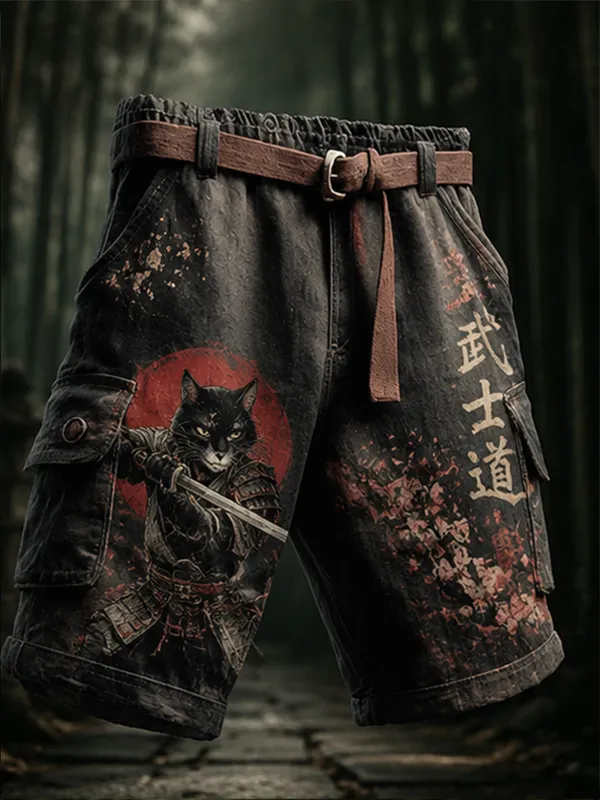 Men's Vintage Samurai Cat Bushido Japanese Art Print Casual Shorts