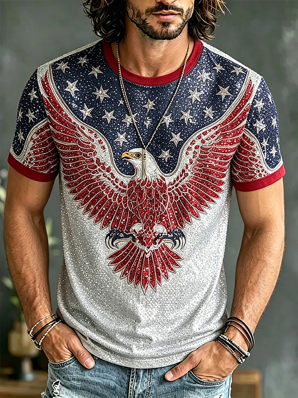 Men's Sparkly Sequin American Flag Eagle Print T-Shirt