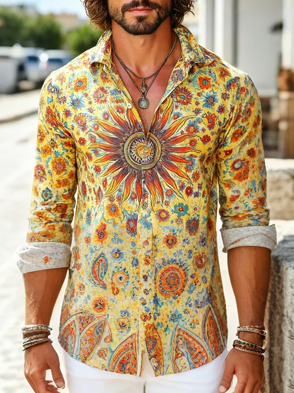 Men's Boho Sunflower Mandala Art Print Long Sleeve Shirt