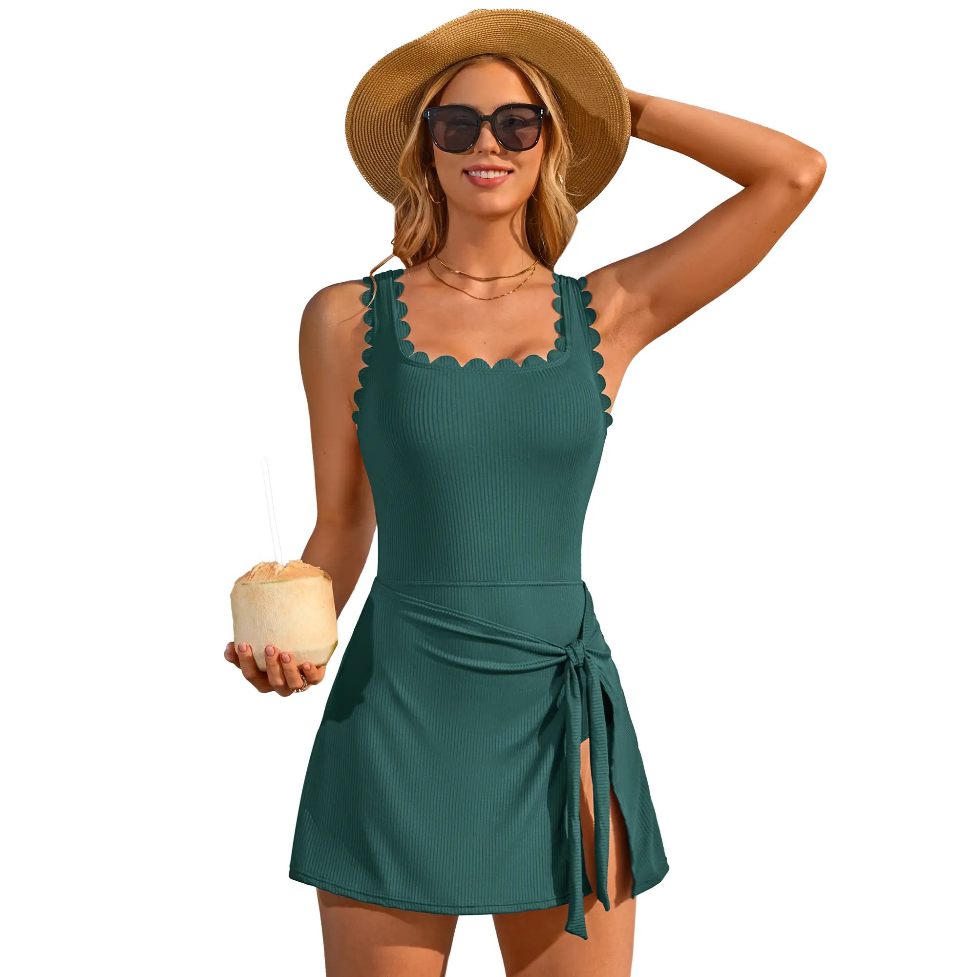 One Piece Swim Dress Scalloped Modest Swimsuits for Women Tummy Control Bathing Suit with Skirt Square Neck