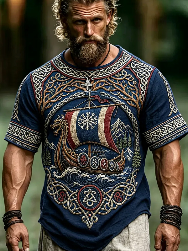 Men's Norway Viking Langskip Dreki Celtic Knot Art Print T-Shirt