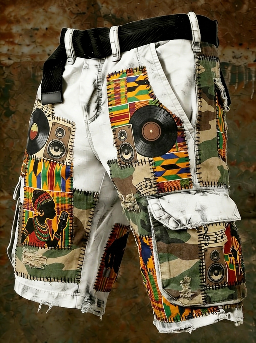 Men's Hip-Hop Vinyl Record African Ethnic Pattern Camo Print Cargo Shorts