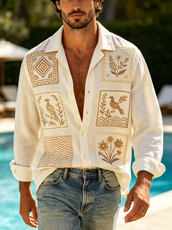 Men's Bird And Floral Patchwork Art Print Long Sleeve Shirt