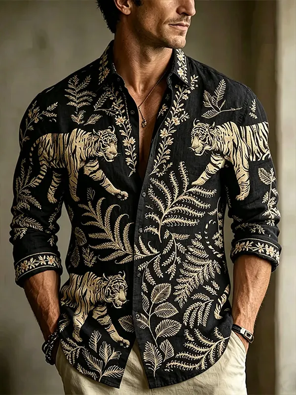 Men's Vintage Gold Tiger And Fern Print Long Sleeve Shirt