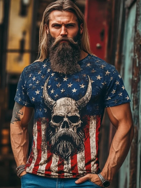 Men's Viking Skull US Flag Distressed Print T-Shirt