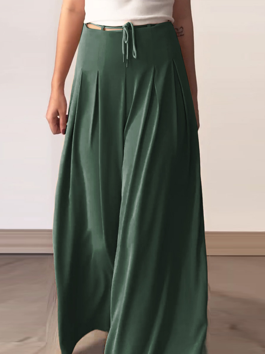 Women's Summer Solid Color High Waist Lace-up Loose Casual Cotton and Linen Wide Leg Pants