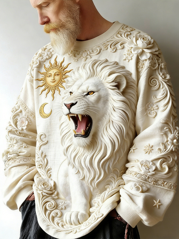 Men'S Retro Sun And Moon Relief Lion Art Print Casual Sweatshirt