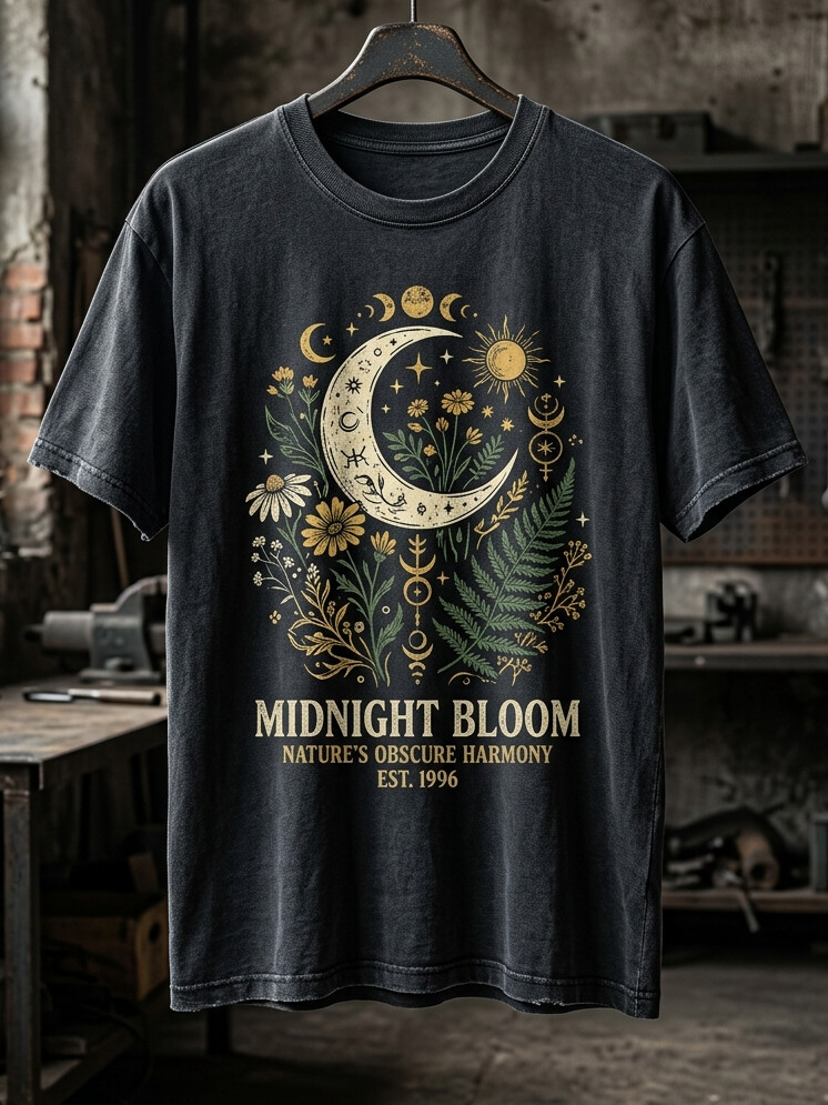 Men's Moon Midnight Bloom Mysterious Art Print Cotton Casual T-Shirt