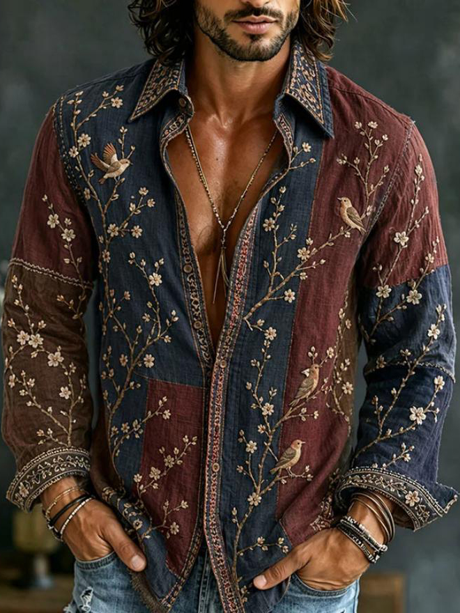 Men's Japanese Style Retro Flowers and Birds Print Long Sleeve Shirt
