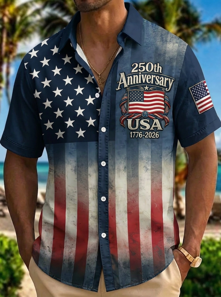 [Copy]Men's Drip Paint American Flag Artistic Button-Up Shirt | Patriotic Art Hawaii Short Sleeve