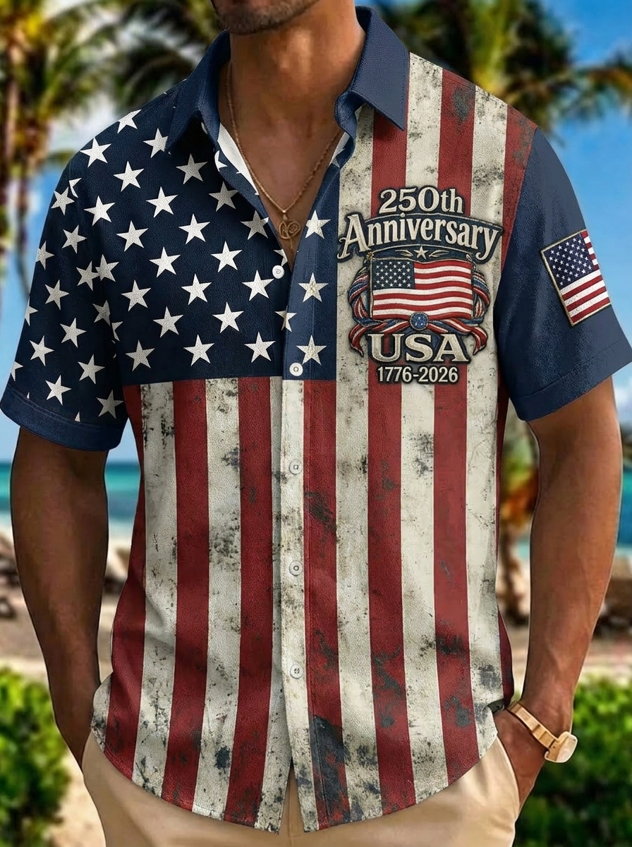 [Copy]Men's Drip Paint American Flag Artistic Button-Up Shirt | Patriotic Art Hawaii Short Sleeve