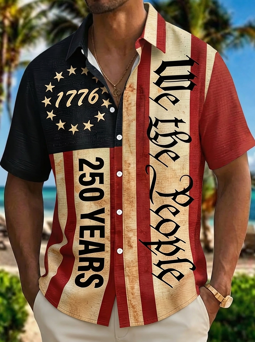 [Copy]Men's Drip Paint American Flag Artistic Button-Up Shirt | Patriotic Art Hawaii Short Sleeve
