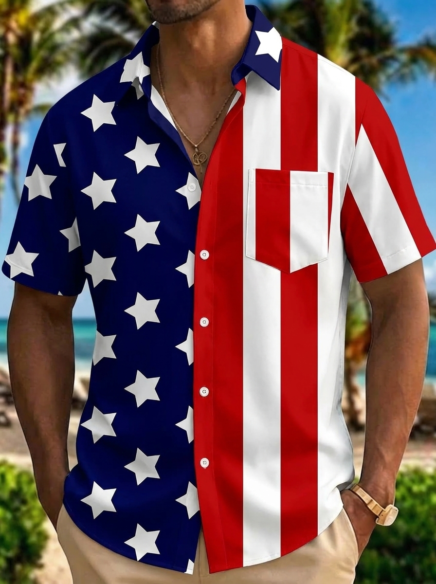 [Copy]Men's Drip Paint American Flag Artistic Button-Up Shirt | Patriotic Art Hawaii Short Sleeve