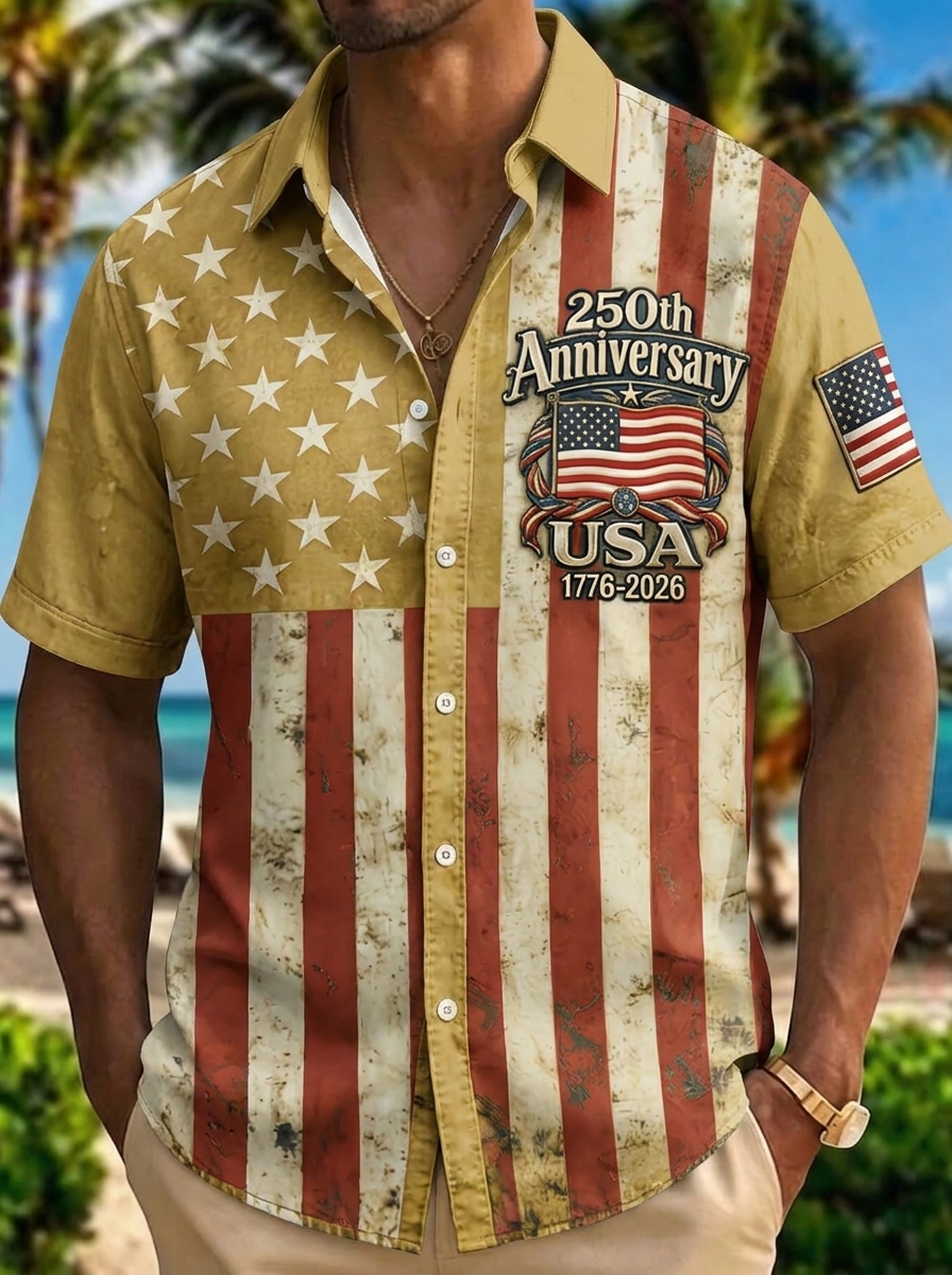 [Copy]Men's Drip Paint American Flag Artistic Button-Up Shirt | Patriotic Art Hawaii Short Sleeve
