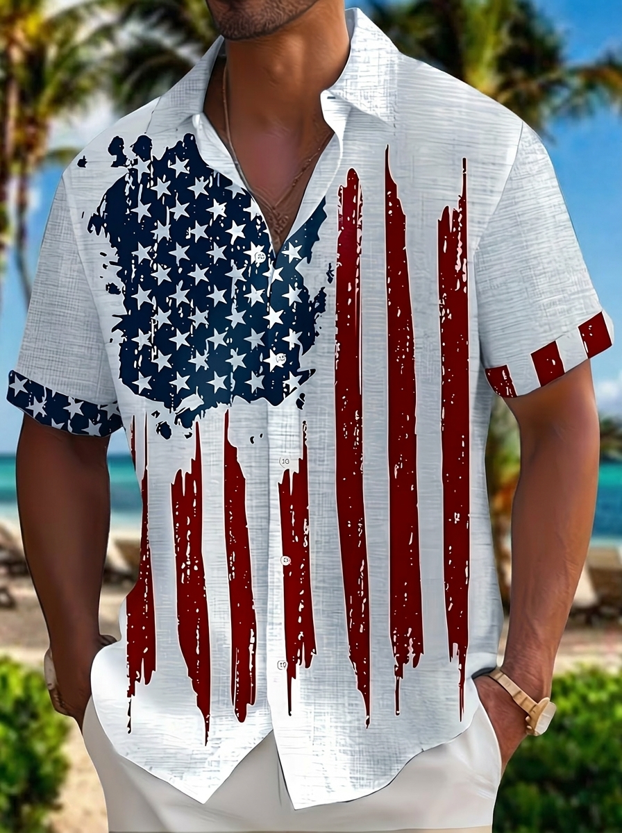 [Copy]Men's Drip Paint American Flag Artistic Button-Up Shirt | Patriotic Art Hawaii Short Sleeve