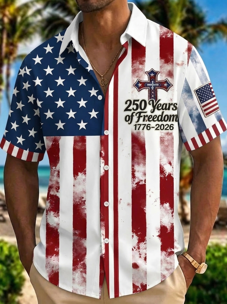 [Copy]Men's Drip Paint American Flag Artistic Button-Up Shirt | Patriotic Art Hawaii Short Sleeve