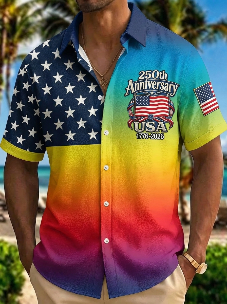 [Copy]Men's Drip Paint American Flag Artistic Button-Up Shirt | Patriotic Art Hawaii Short Sleeve