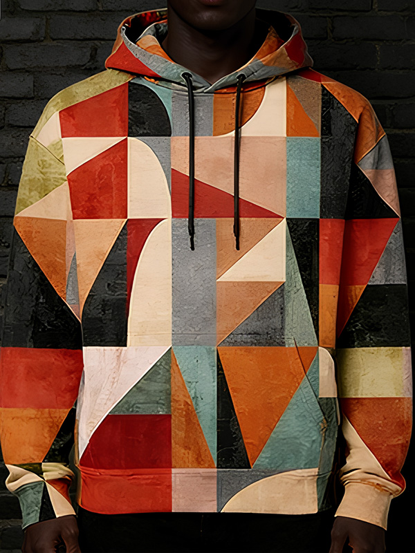 Men's Colorblock Geometric Art Abstract Print Casual Hoodie