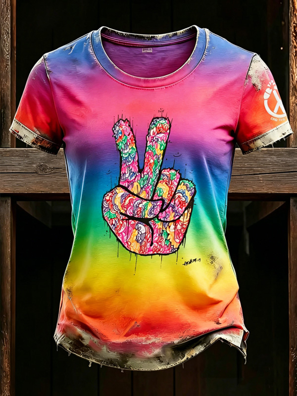 Women's Rainbow Ombre Peace Symbol Print Casual T-Shirt
