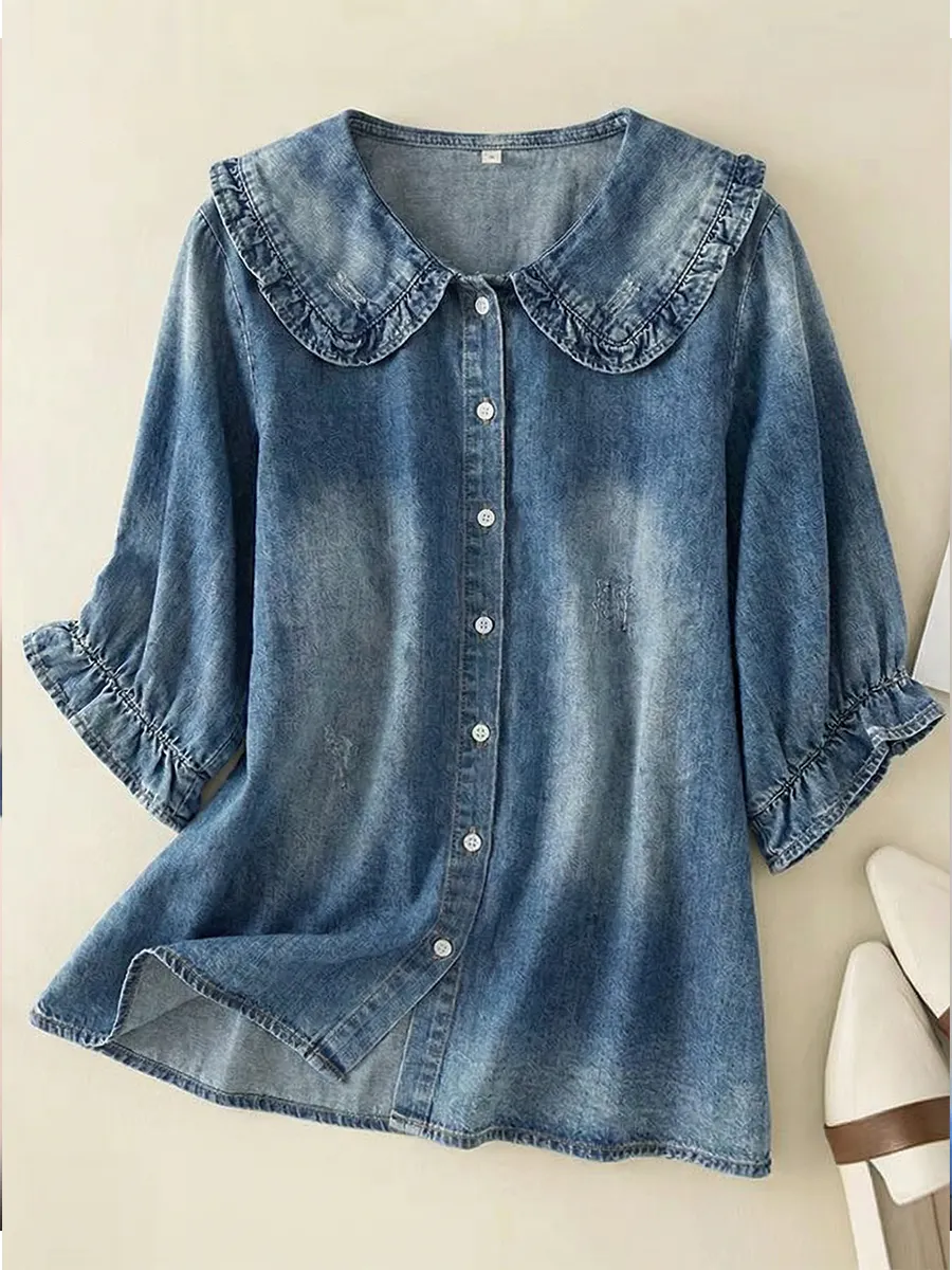 Women's Peter Pan Collar Denim Cotton Shirt